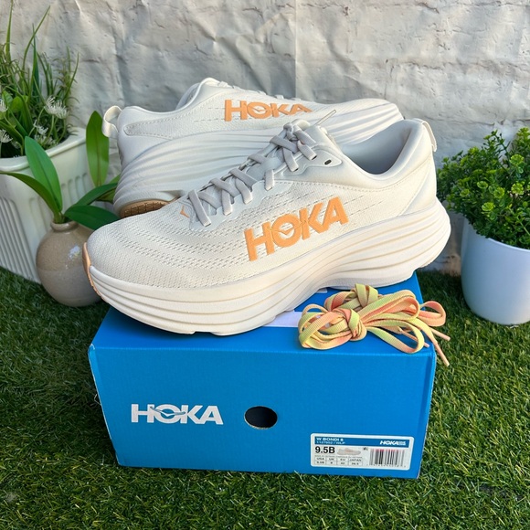 HOKA Bondi 8 sneakers size 9.5 White/ Cantaloupe New Season Women New in box - Picture 15 of 16